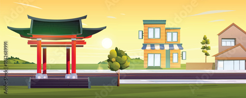 Illustration of a traditional Asian gate with a view of mountains, apartments and shops on a city street.
