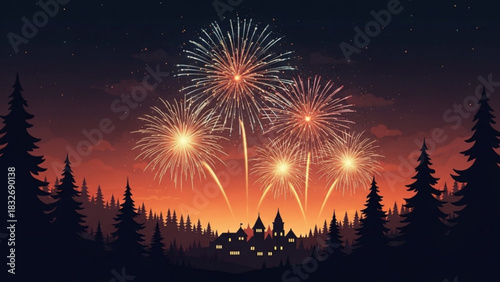 Spectacular fireworks illuminate the night sky above a silhouetted village nestled amongst pine trees creating a festive and magical celebration