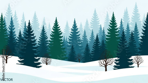 A serene winter forest landscape with layers of evergreen trees and snow covered ground creating a peaceful and natural scene with a cool color palette