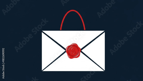 A white envelope with a red wax seal featuring the letter s and a red handle against a dark blue background symbolizing important correspondence or a special delivery