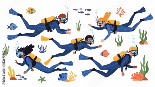 A diverse group of cartoon characters in wetsuits scuba diving underwater among fish, corals, and seaweed