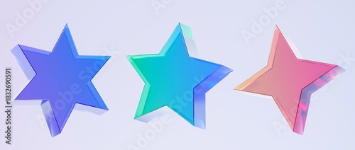Set of 3D star icons, Colorful gradient glass like icon, glass holographic icon, minimal crystal clear, ideal for graphic design, UI UX interfaces, 3d render illustration.

