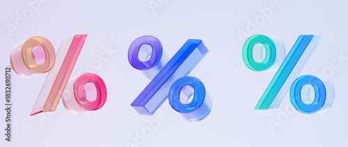 Set of 3D percent symbol icons featuring colorful gradient tones and smooth glass-like finish, ideal for graphic design, UI/UX interfaces, presentations, and modern backgrounds, 3d render illustration