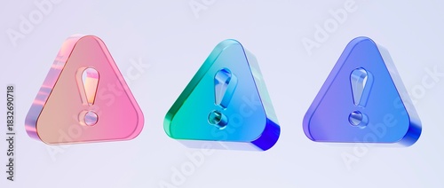 Set of 3D warning icons featuring colorful gradient tones and smooth glass-like finish, ideal for graphic design, UI UX interfaces, presentations, and modern backgrounds, 3d render illustration