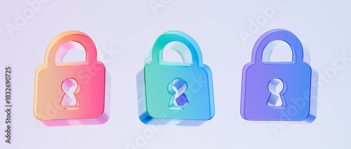Set of 3D padlock icons featuring colorful gradient tones and smooth glass-like finish, ideal for graphic design, UI/UX interfaces, presentations, and modern backgrounds, 3d render illustration
