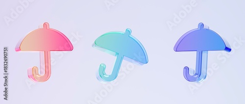 Set of 3D umbrella icons, colorful gradient glass like icon, ideal for graphic design, UI/UX interfaces, presentations, and modern backgrounds, 3d render illustration.
