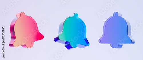 Set of 3D bell icons, colorful gradient glass like icon, ideal for graphic design, UI/UX interfaces, presentations, and modern backgrounds, 3d render illustration.
