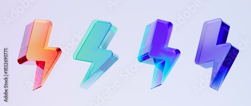 Set of 3D lightning icons, colorful gradient glass like icon, ideal for graphic design, UI/UX interfaces, presentations, and modern backgrounds, 3d render illustration.
