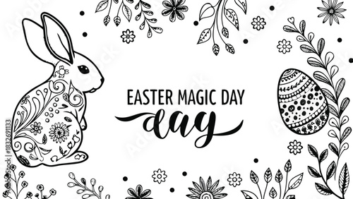 Whimsical black and white illustration for easter featuring a decorative bunny a patterned egg and floral elements with the text easter magic day