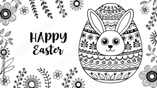 Happy easter greeting card with a cute bunny inside a decorative egg surrounded by floral elements and leaves in a hand drawn doodle style