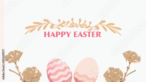 Soft pastel pink and beige easter greeting card featuring decorative floral branches above the text happy easter and two decorative eggs below