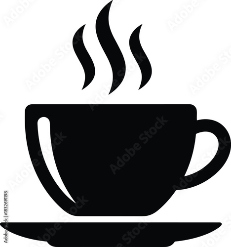 Black Silhouette Icon of a Steaming Coffee or Tea Cup on a Saucer Representing Hot Drinks, Break Time, and Cafeteria
