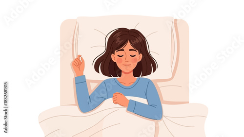 Illustration of a young woman sleeping peacefully in a comfortable bed, enjoying a good night's rest and sweet dreams. Top view vector