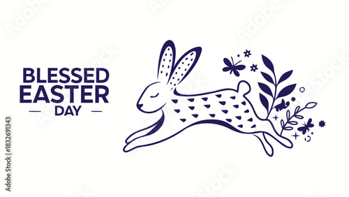 Happy easter day greeting with a whimsical jumping bunny surrounded by floral elements and butterflies in a simple navy blue line art style on a white background
