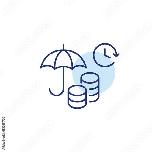 Stack of coins under umbrella and clock. Protected savings, financial insurance. Pixel perfect, editable stroke vector icon