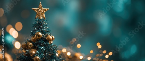 Christmas tree, golden ornaments, bokeh lights, festive atmosphere, warm glow, star topper, holiday decorations, blurred background, teal and gold color palette, minimal composition, reflective surfac