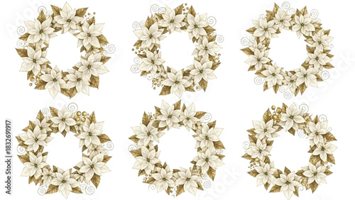 Watercolor Poinsettia Wreath Set in Sepia Gold Christmas Floral Holiday Illustration