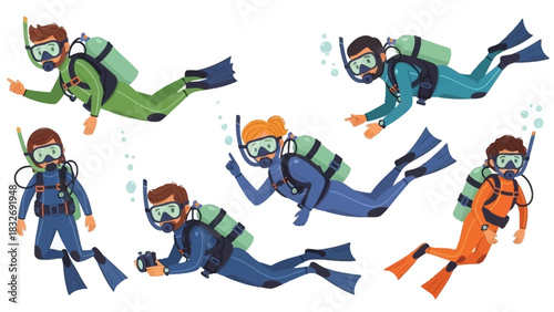 Group of divers in wetsuits swimming underwater with scuba gear
