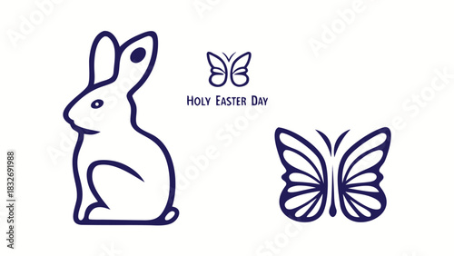 Simple line art easter bunny and butterflies with holy easter day text minimalist design
