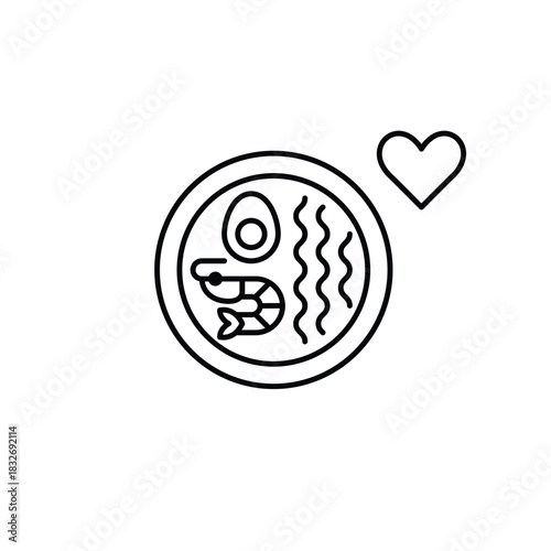 Seafood ramen and heart. Favorite delivery dishes, Asian cuisine takeaway and home cooking. Pixel perfect, editable stroke vector icon
