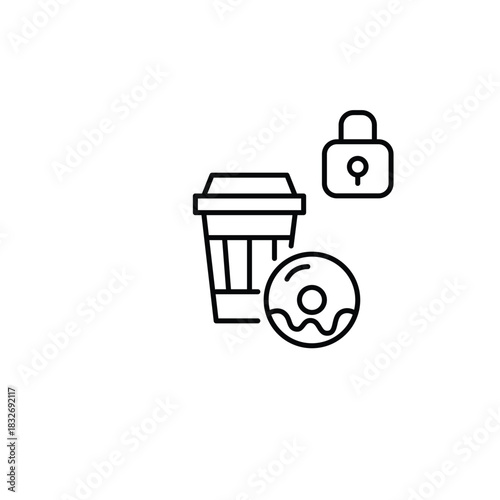 Coffee cup, donut and lock. Secure food order and safety-certified restaurants. Pixel perfect, editable stroke vector icon