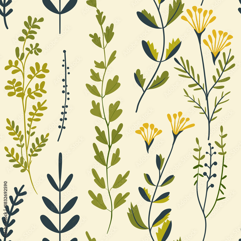 Fototapeta premium Herb pattern on light olive background, seamless design and vector illustration in digital textiles