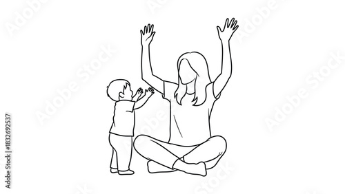 A mother and child joyfully reaching up with arms raised in play