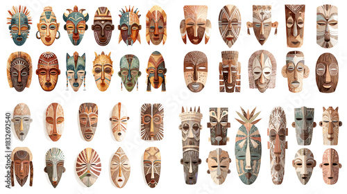Illustration set of tribal wooden masks with carved details, cultural motifs and expressive traditional designs. Ideal for heritage themes, folklore concepts and artistic decor projects.