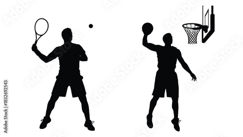 Silhouettes of a tennis player and basketball player in action
