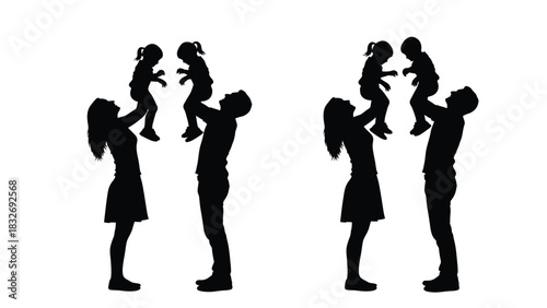 Silhouettes of two couples joyfully lifting young children in the air