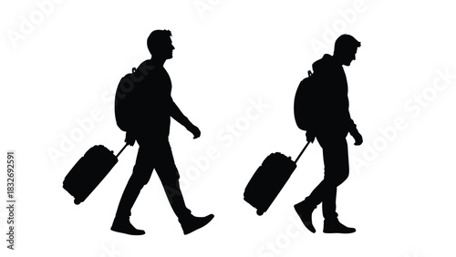 Silhouettes of two men walking with luggage and backpacks