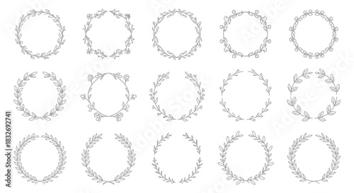 Collection of delicate floral wreaths and circular frame designs in black and white