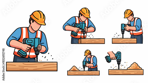 Illustrative depiction of a construction worker using a drill to bore holes into wooden planks.