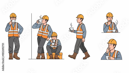 Set of illustrations showing a male construction worker in safety gear taking a coffee break in various poses.