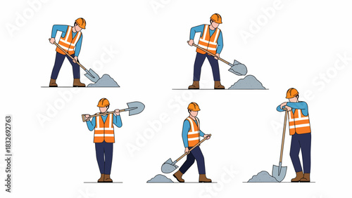 A set of illustrations depicting a construction worker in various poses using a shovel to move material.