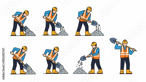 Construction worker shoveling gravel in a sequence of actions.