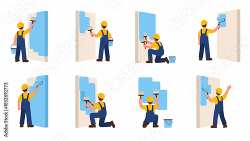 Illustrative depiction of a painter applying blue paint to a white wall, showcasing various stages.