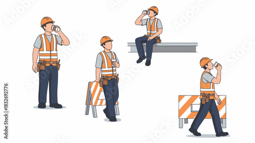 A set of four vector illustrations of a construction worker in safety gear, shown in various poses and actions.