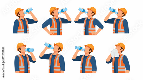 Set of illustrations showing a construction worker in safety gear drinking water from a bottle to stay hydrated.