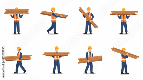 Illustrations of a construction worker carrying wooden planks.