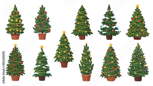 Festive decorated christmas trees in pots with twinkling lights and ornaments for holiday season celebration