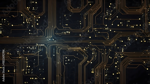 Futuristic gold circuit connections on dark technology background, high tech digital network system, cyber infrastructure concept for artificial intelligence and data security design
