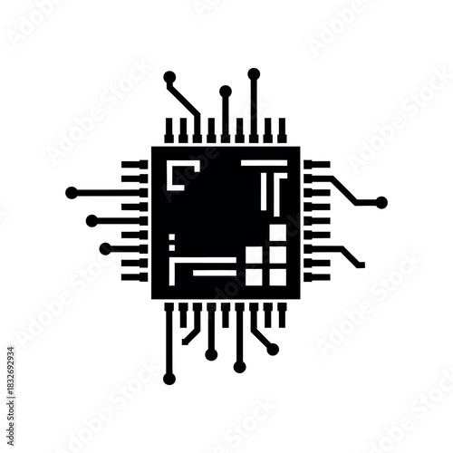 Microchip icon with detailed circuit lines and electronic pathways representing a modern processor in minimalist vector style