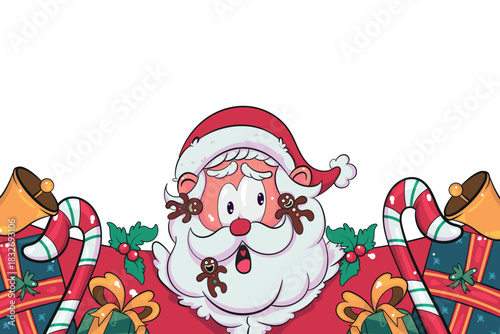 Cute expressive Santa surrounded by gifts candy canes bells holly and gingerbread in a bright colorful Christmas style perfect for holiday cards banners merchandise decorations and cheerful designs