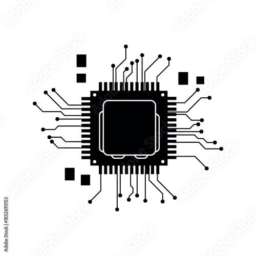 Microchip processor icon with detailed electronic circuit connections representing modern computing hardware, digital technology, and data processing