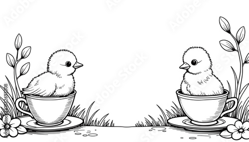 Easter frame with baby chicks in teacups, kids coloring book and holiday fun