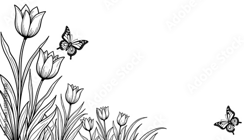 Easter frame with tulip bouquet and butterflies, spring decoration and kids coloring activity