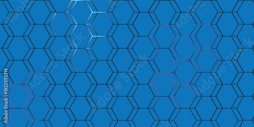 Dark hexagon abstract technology background with blue and black colored bright flashes under hexagon. Hexagonal gaming vector abstract tech background.
