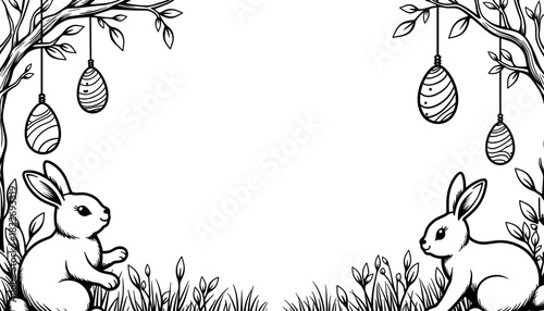 Abstract Easter frame with bunnies and hanging eggs for kids, spring holiday and decoration