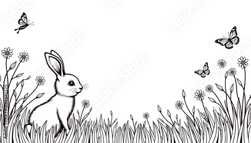 Easter bunny in meadow with butterflies, spring celebration and children's coloring